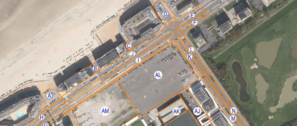 VERWERKING 3.1.2 Toepassing op het onderzoeksgebied De beschikbare parkeerplaatsen werden in zones onderverdeeld. Dit is afgebeeld op onderstaande figuur. Elke zone kreeg een lettercode.