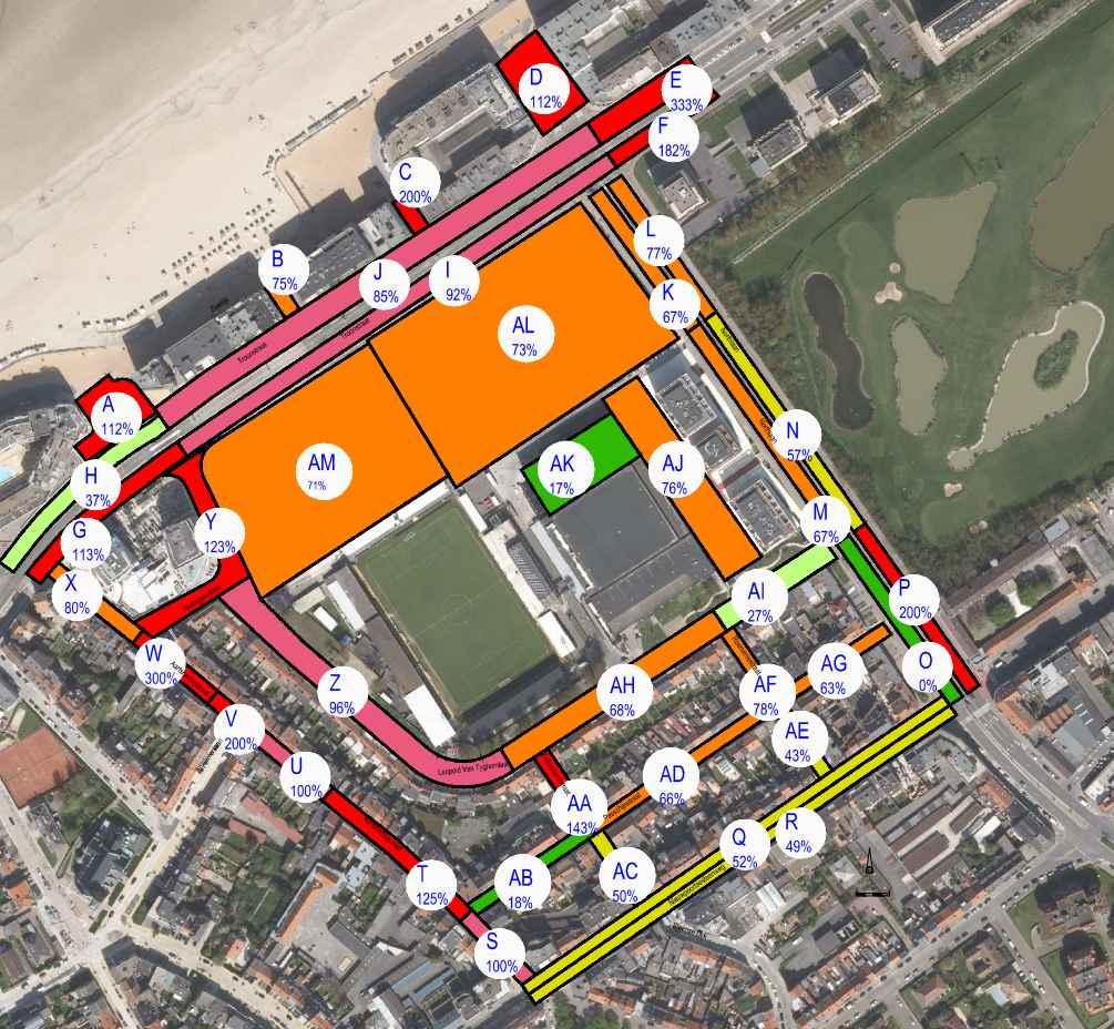 VERWERKING eindbestemming parkeren en dus eerst de omgeving Troonstraat vol parkeren, om dan over te schakelen naar het projectgebied (AL en AM).