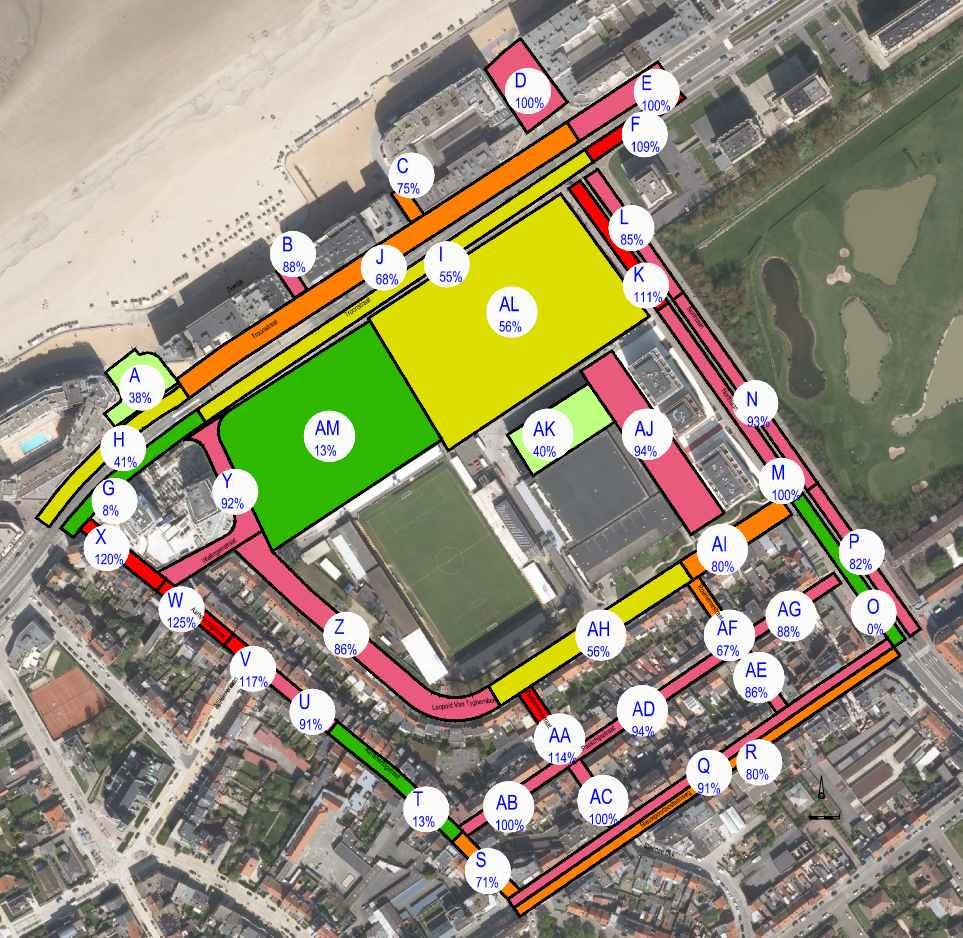 VERWERKING Het projectgebied aan de Troonstraat wordt voor 37% bezet waarbij vooral de parkeerplaatsen het dicht bij de Sleuyter Arena gebruikt worden.