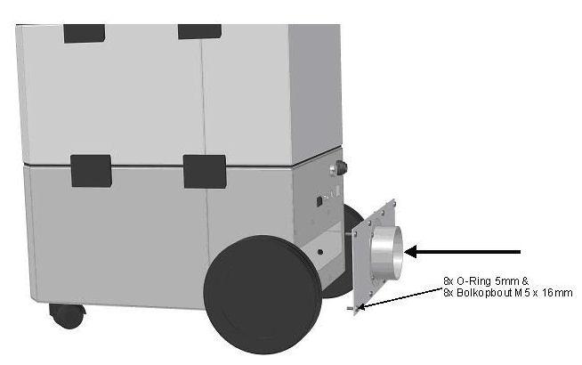 Voor het ombouwen schroeft u het uitblaasrooster los en monteert u de aansluitplaat met ronde aansluiting op de unit volgens onderstaande afbeeldingen.
