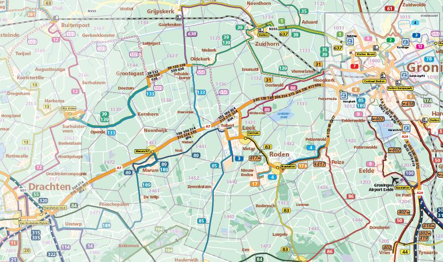 West Groningen Ontwerp hoofdlijnen dienstregeling 2018 Grootegast - Leek Buurtbus 550 in spits naar scholierenlijn West Groningen Marum - Leek Lijn 89 omzet naar buurtbus Leek - Groningen Lijn 88