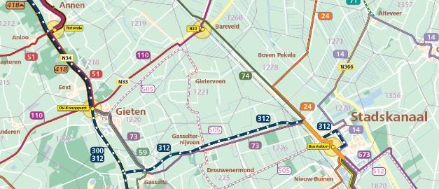 daluren elk uur. Samen bieden de lijnen 73 en 312 op werkdagen overdag minimaal 2 keer uur een verbinding tussen Stadskanaal en Gieten.