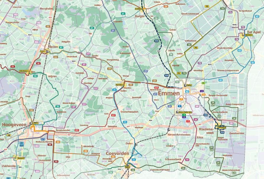 Zuidoost Drenthe Ontwerp hoofdlijnen dienstregeling 2018 Assen - Zweeloo Lijn 22 ook 's avonds en zondag vaste ritten Emmen - Groningen Drukste ritten Qliner 300 met dubbeldekkers.