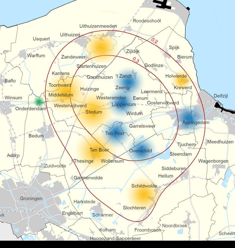 Meerjarenprogramma Aardbevingsbestendig en Kansrijk Groningen 2016-2020 Figuur 2: prioritaire gebieden in fase 1 (blauw) en fase 2 (geel) en maximale grondversnellingscontouren 0,3 g en 0,2 g (1 g =