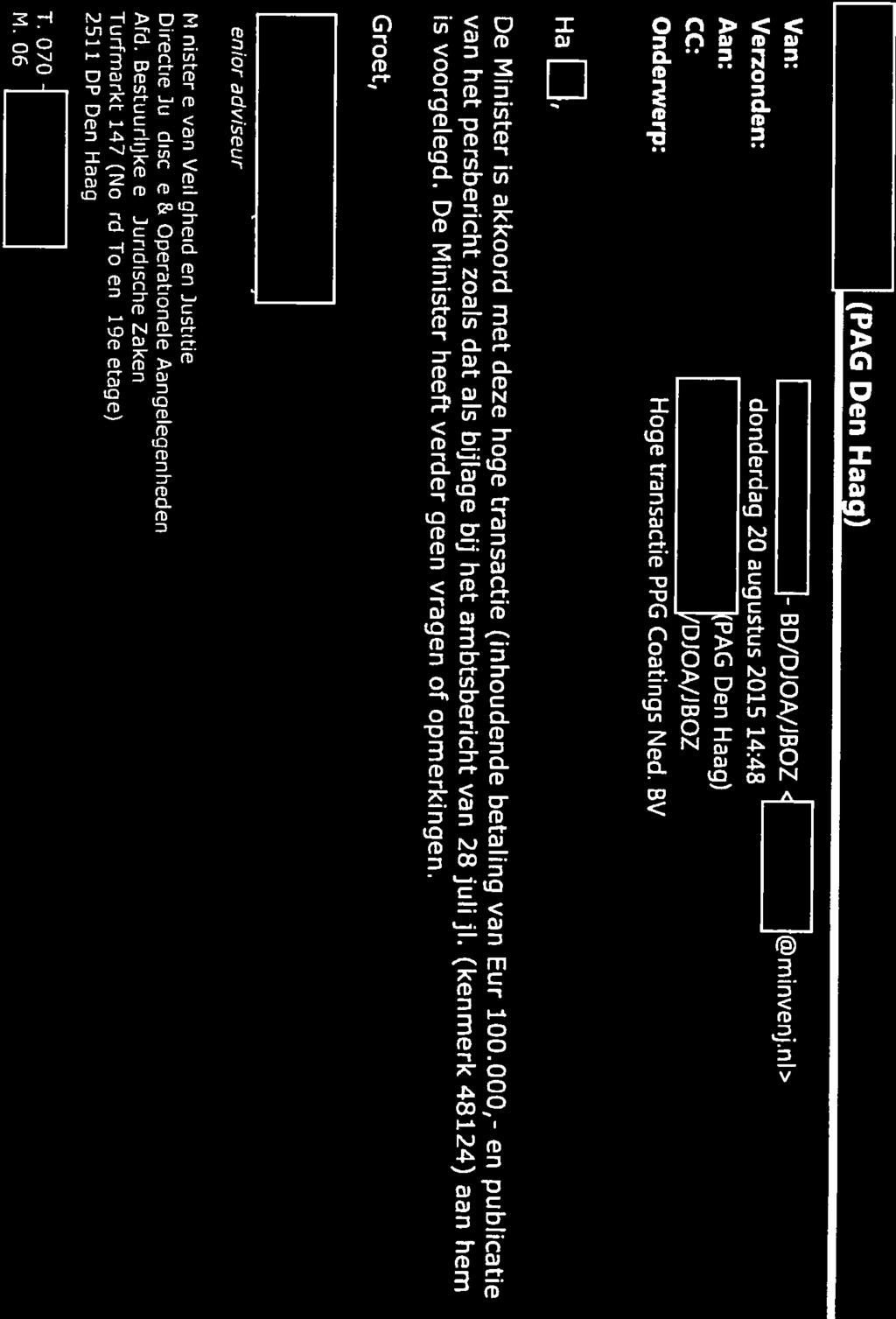 De Minister is akkoord met deze hoge transactie (inhoudende betaling van Eur 100.000,- en publicatie Ha Onderwerp: Hoge transactie PPG Coatings Ned.