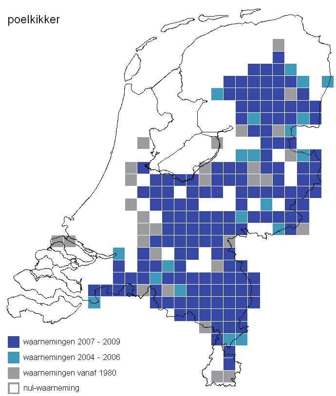 Eindrapport verspreidingsonderzoek reptielen en amfibieën 2009 4.2.8 Poelkikker Verspreiding binnen Nederland De poelkikker komt in Nederland vooral in het oosten en zuiden voor.