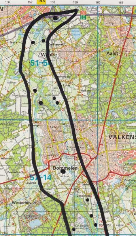 Kaart 1. Werkgebied met waarneminglocaties in Dommeldal de Hogt tot Malpie.