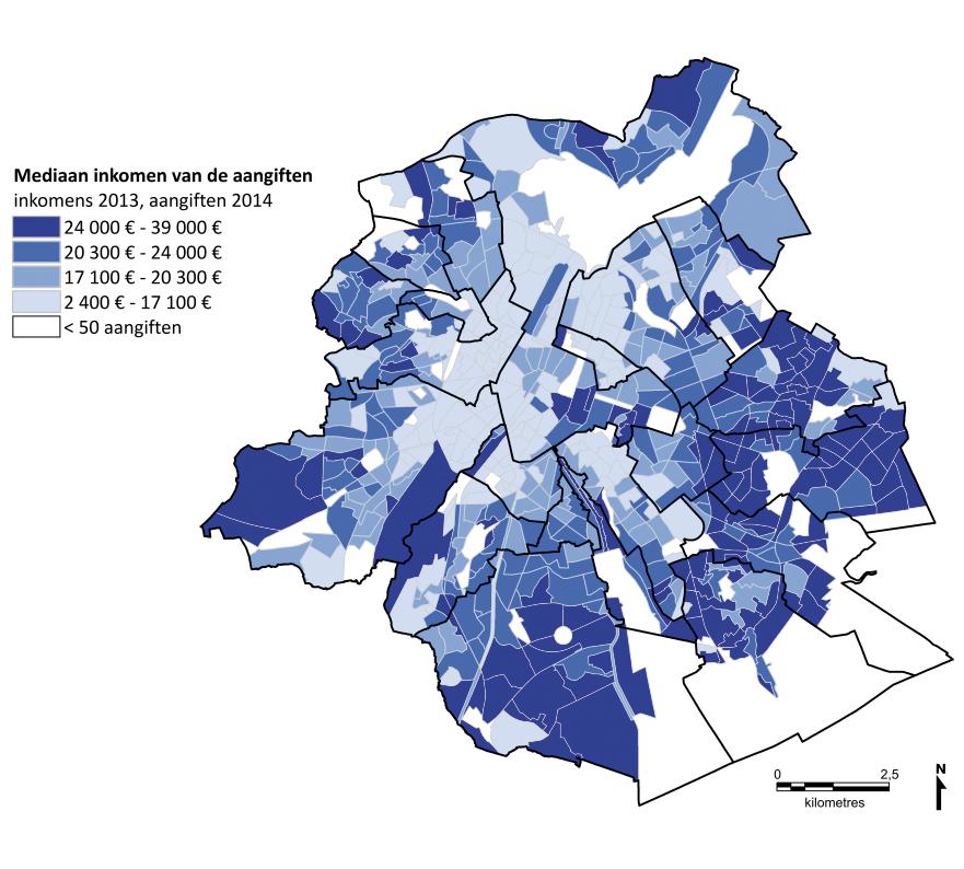 5 Figuur 4: Mediaan inkomen van de aangiften, per statistische sector, Brussels Gewest, inkomens 2013 Figuur 5: De levensverwachting bij de geboorte, naar socio-economisch niveau (SEN) van gemeenten