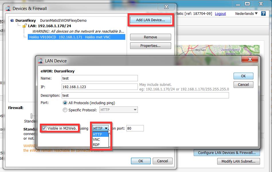 Maak het gewenste device aan, kies hiervoor Add LAN Device.. We kunnen hier ook kiezen om het device zichtbaar te maken in M2Web. Vink dan Visible in M2Web aan en kies het gewenste protocol.