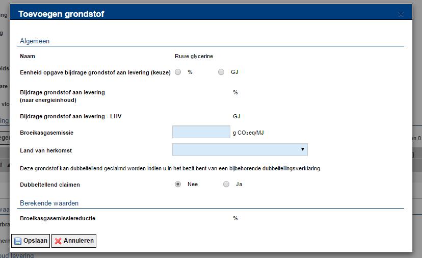 - Indien de grondstof potentieel dubbeltellend is, kunt u de keuze maken om de grondstof dubbeltellend te claimen.