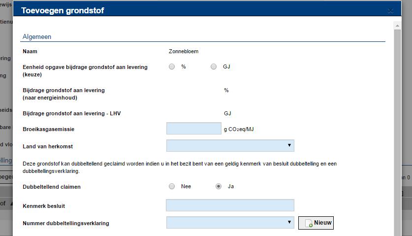 - Indien u alles juist heeft opgevoerd en de bijdrage grondstof aan levering (GJ) niet groter is dan de beschikbare hoeveelheid (GJ) van de dubbeltellingsverklaring kunt u de