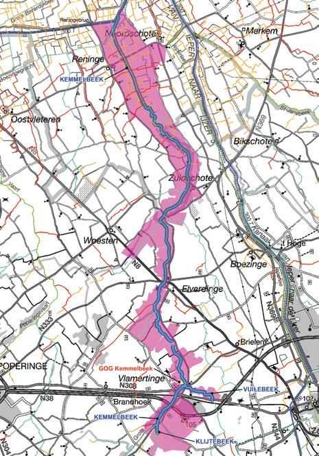 Figuur 6-1: Het modelgebied van de Kemmelbeek met aanduiding van de gemodelleerde waterlopen, overstromende gebieden en het GOG de Cerfstraat Model Rivier Overstromend gebied GOG Waterlopen