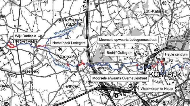 Figuur 11-9: Situering van de mogelijke locaties voor dijken in het modelgebied van de Heulebeek (dikke rode lijnen) Dijk Wijk Dadizele Zowel op de linker- als op de