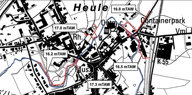 Figuur 11-13: Situering van de dijktrajecten (rode lijn) ter hoogte van het centrum van Heule (park van Heule, Mellestraat, Zeger van Heulestraat en de A.