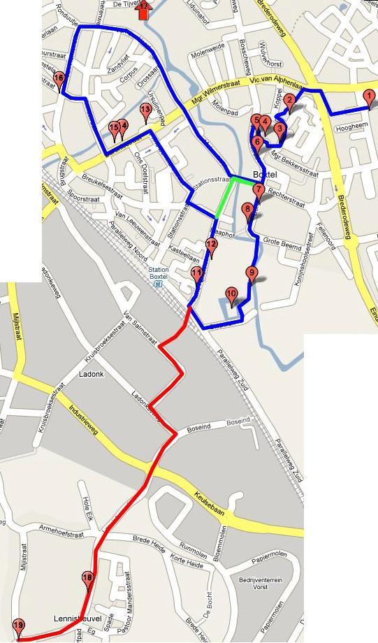 Routekaart en Toelichting De blauwe lijn geeft een route aan die Boxtel omvat, zonder Lennisheuvel, en U passeert de nummers 1 t/m 17.