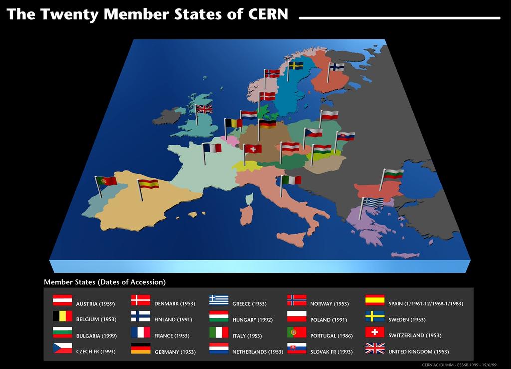 opgericht in 1954 door 12 europese landen; nu 20 LHC