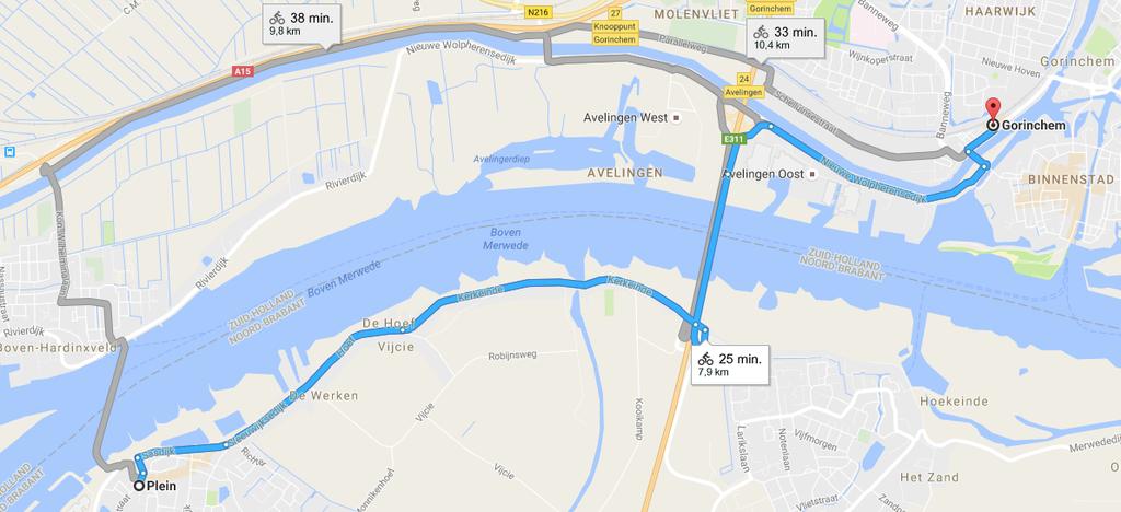 2 Berekening reistijd per doelgroep 9.1 Werkendam - Gorinchem 9.1.1 Fietsroute Figuur 13: fietsafstand tussen Werkendam en Gorinchem In Figuur 13 staan mogelijke fietsroutes tussen Werkendam (Plein) en Gorinchem (station).