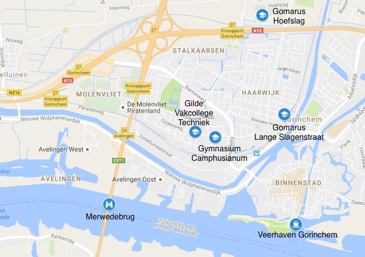 Figuur 14: geselecteerde scholen in Gorinchem Om de reismogelijkheden van de scholieren in beeld te brengen is er nagegaan wat de reistijd is vanaf Werkendam (Plein) tot de verschillende middelbare