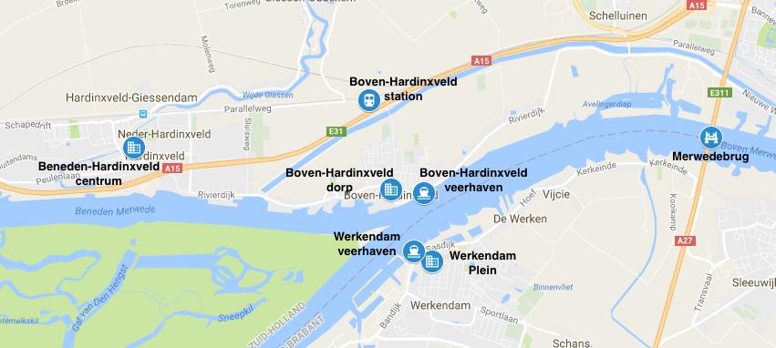 9.3.2 Reistijden Om de reismogelijkheden tussen Werkendam en Hardinxveld in kaart te brengen is er een aantal locaties in Hardinxveld geselecteerd.