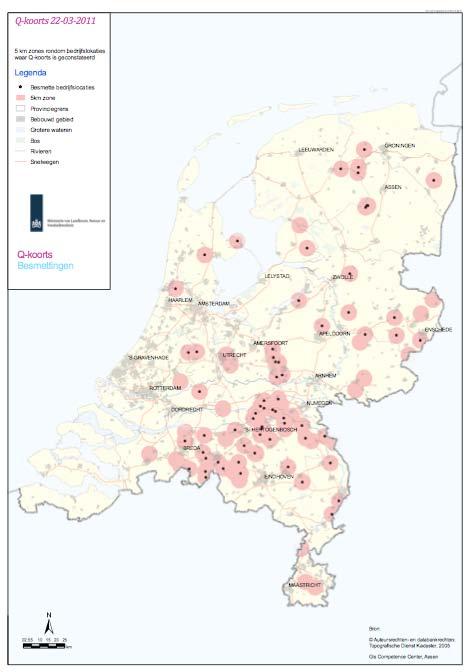 sprake van post-q-koortsvermoeidheid. Uitbraak Op onderstaande kaart staan de gebieden in Nederland aangegeven waar Q-koorts is aangetroffen op melkgeiten- en melkschapenbedrijven.