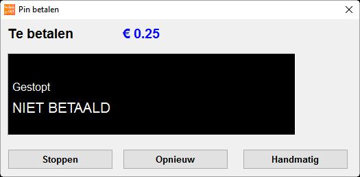 Indien de betaling niet lukt, blijft de dialoog op het scherm staan. De kassier dient dan een keus te maken uit van de volgende mogelijkheden: Stoppen Opnieuw Handmatig De klant heeft niet betaald.