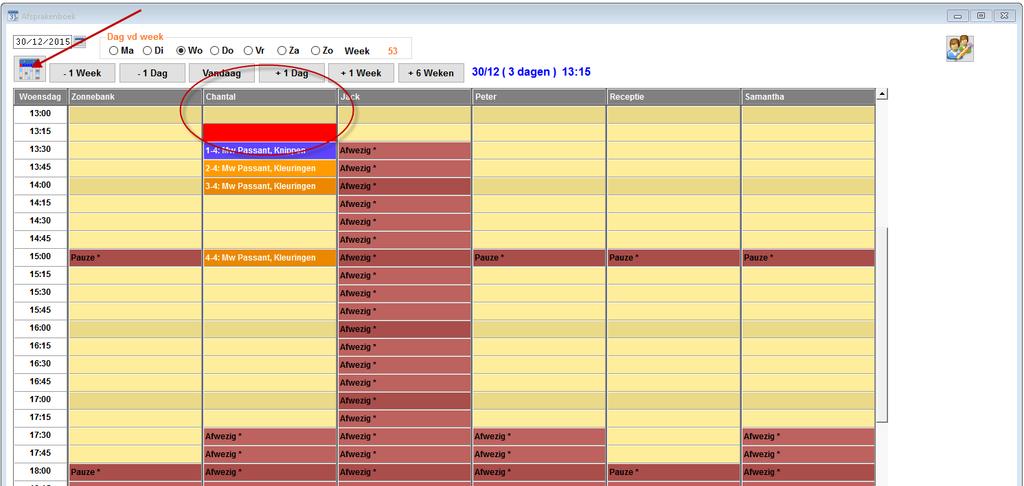 Weekplanning Tot op heden projecteerde het afsprakenboek alle werkzame medewerkers op een specifieke datum.