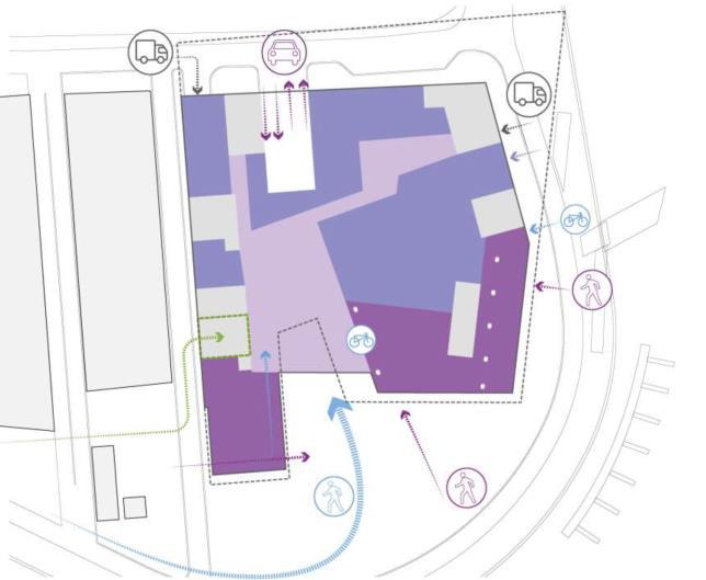 4: Begane grondlaag van het bouwplan Voor het gehele Oosterdokseiland geldt dat de plint publieke functies bevat: winkels, restaurants, culturele voorzieningen en entrees welke toegang geven tot de