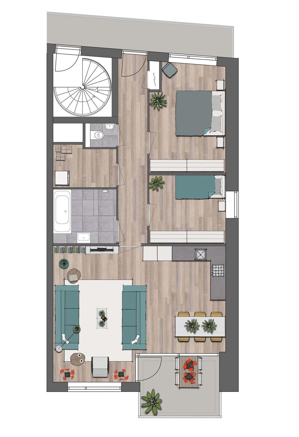woonkamer met open keuken 1e verdieping bnr. 18 bnr. 17 5520 mm 4277 mm 2 ruime slaapkamers het volledige appartement is voorzien van bnr. 16 vloerverwarming compleet afgewerkte SieMatic keuken, bnr.