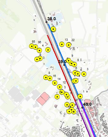 9.4 Cluster 1 Prinsenbeek Prinsenbeek De ligging van de woningen waar de geluidbelasting van de HSL in de eindsituatie de grenswaarde overschrijdt is weergegeven in Figuur 59.