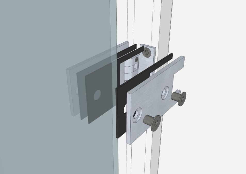 6 6. Dichtingen en deur in scharnier bevestigen. 2 x 1 mm dikte aan de buitenkant van de deur.