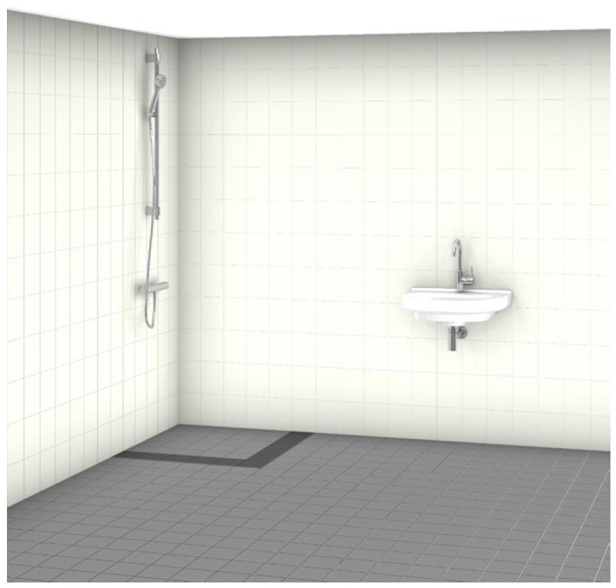 De vloeren van het toilet en de badkamer worden in de hoeken van kitvoegen voorzien. De badkamervloer wordt uitgevoerd met een verdiepte getegelde douchehoek.