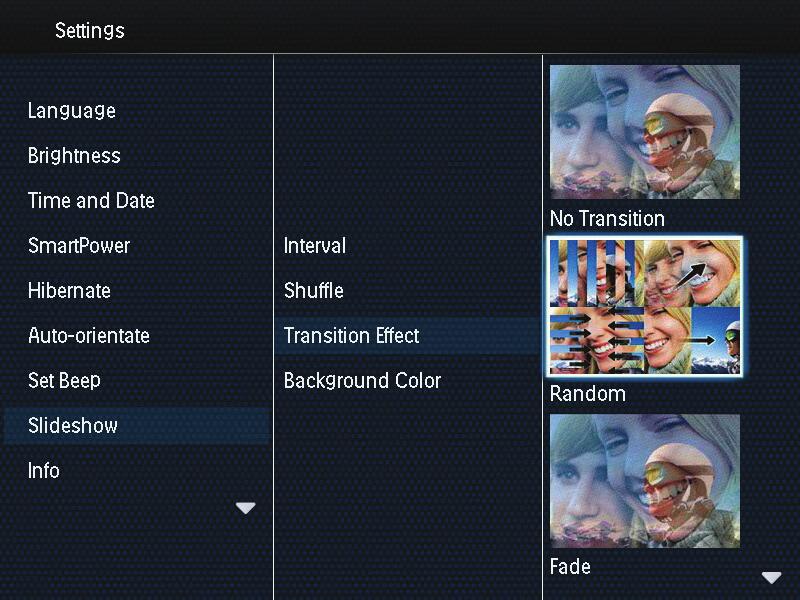 2 Selecteer [Diapresentatie] en druk 3 Selecteer [Weergavemodus] en druk 4 Selecteer een weergavemodus voor de diapresentatie en druk Overgangseffect selecteren 1 Op het beginscherm selecteert u