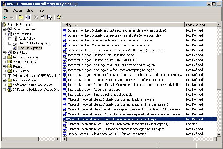 Procedure uitschakelen SMB packet signing Windows Server 2003 1. Klik op Start, vervolgens Programs, Administrative Tools, dan Domain Controller Security Policy.