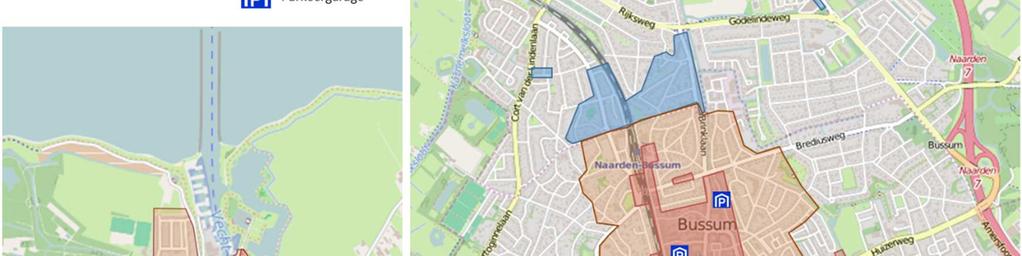 In Bussum komen daarnaast op kleine schaal blauwe zones voor (bij het Gewestkantoor en bij de begraafplaats).