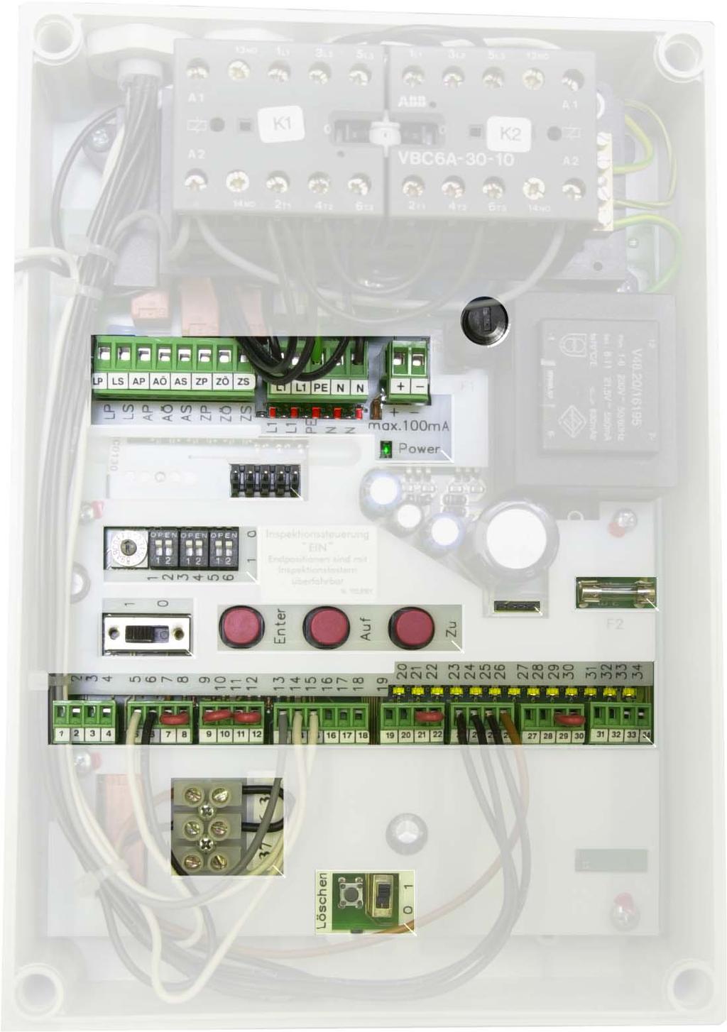 4. aansluitklemmen en instelling van de sturing Relaiscontact Verlichting Relaiscontact "POORT DICHT" Relaiscontact "POORT OPEN" Aansluiting van de netspanning 230Vac Voeding voor toebehoren