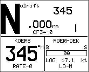 NoDrift mode Ingestelde koers: 345 NoDrift indicator: 0.000nm Pos Source: CP34 Koers: 345 M NOOT! Om in NoDrift mode te werken moet uw GPS/kaartplotter aan staan.