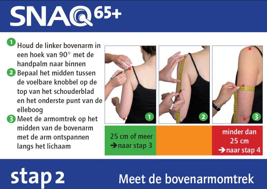 Stap 2: Meet de bovenarmomtrek De tweede stap is het bepalen van de bovenarmomtrek. Voor bovenarmomtrek geldt als afkappunt 25 cm.
