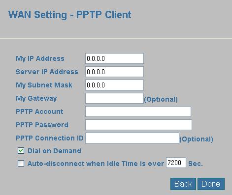 22 B D F H I A C E G J 2.c 1483 Bridged -> PPTP a) My IP Address : laat dit ingesteld op 0.0.0.0 als u dit niet weet. b) Server IP Address : geef het adres op van de PPTP-server.