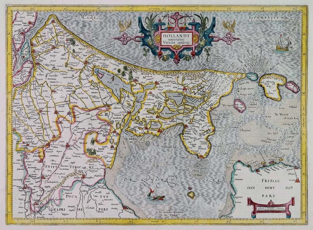 Kaart van Holland en Utrecht, vervaardigd door Gerard Mercator (1585).