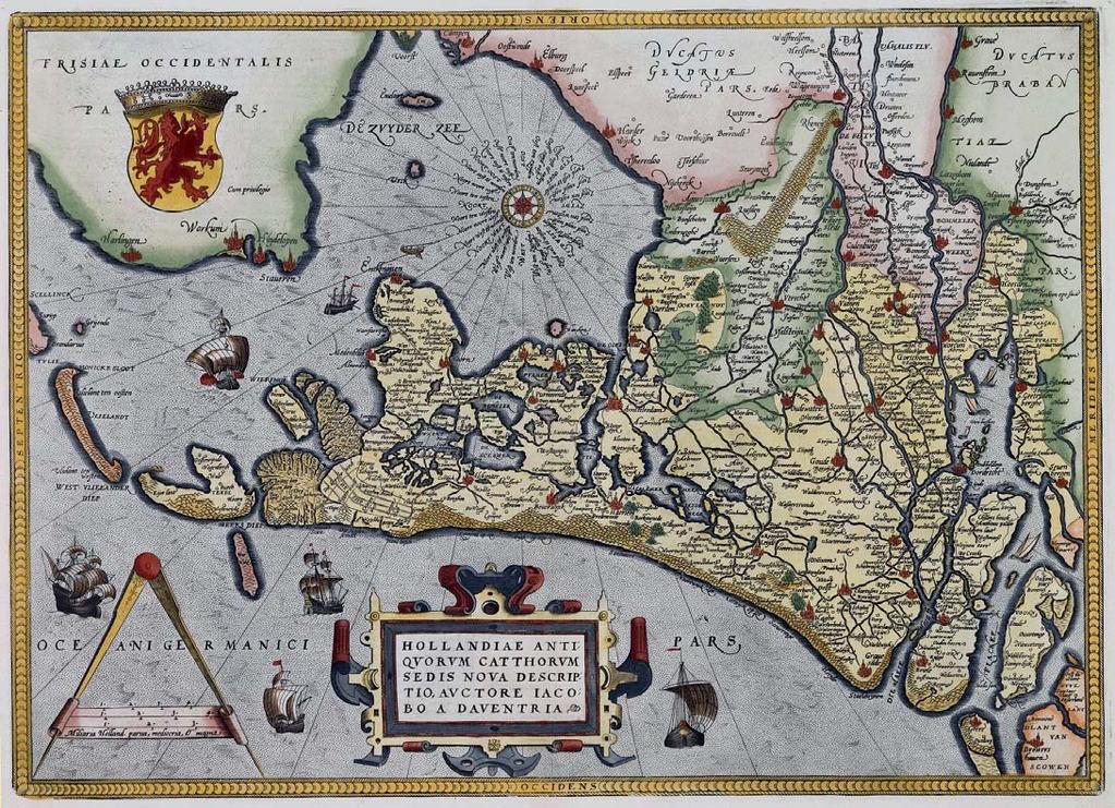 BEELDEN: UNIVERSITEITSBIBLIOTHEEK UTRECHT CDH uit 1565. Deze kaart heeft het oosten boven. De Zuyder Zee staat helemaal boven in de kaart, De Noordt Zee staat links, bij Texel.