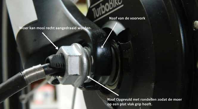 Plaatsing rondellen (wiel) Het is zéér belangrijk dat u de naaf in uw vork opvult met rondellen zodat de moer een perfect