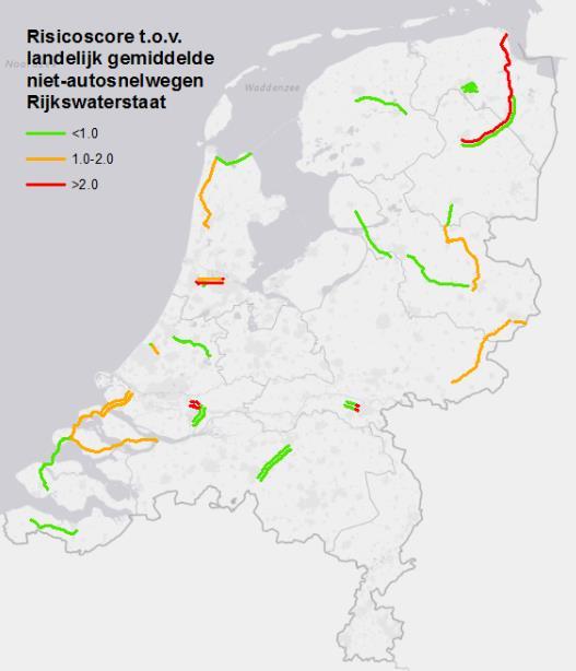 Bijna 2900 kilometer (61%) van het autosnelwegennet met 2 of 3 rijstroken heeft een lager E-risicocijfer dan het landelijke gemiddelde.
