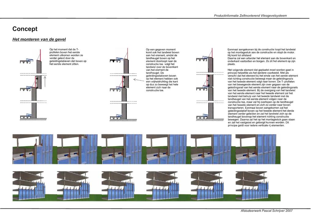 Productinformatie Zelfmonterend Vliesgeve/systeem Concept Het monteren van de gevel Op het moment dat de T profielen boven het eerste element uitkomen worden ze verder geleid door de