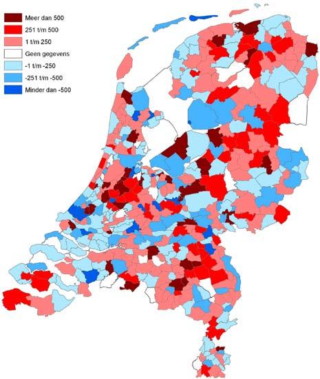 Kaart 4. Schuldevolutie 2008 van gemeenten in per inwoner gestegen. Dit met de kanttekening dat de stijging in 2008 voor een deel komt door een wijziging in boekhoudvoorschriften.