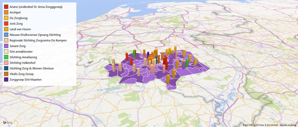 De locaties in Zuidoost- Brabant Op basis van postcode zijn de locaties van de intramurale aanbieders in Zuidoost-Brabant geplot.