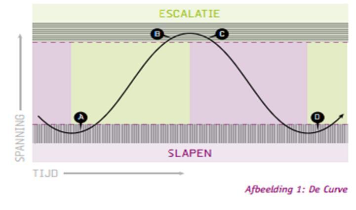 In de onderstaande afbeelding wordt de ideale overgang tussen de alertheidsfases aan de hand van een curve aangeven.