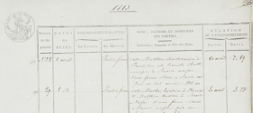 Op afbeelding 3 is in de datumkolom bij akte 28 alleen 8 april aangetekend. Boven aan de pagina is het jaar 1813 vermeld.
