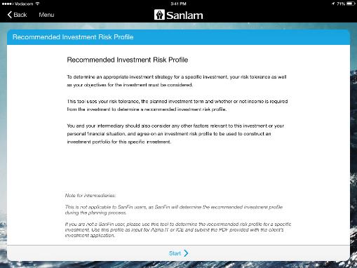 Stap 2 in die risikoprofielsamestellingsproses Risikoprofielsamestelling op SanPort ipad- app Hoe om die Aanbevole Beleggingsrisikoprofiel te kry