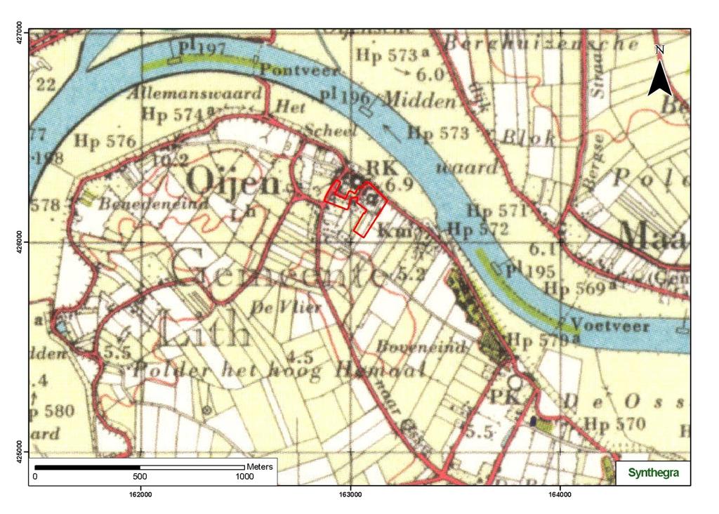 Project Kenmerk : Bureauonderzoek, Kloosterstraat te Oijen : TDE/ALG/SAD/S083254 Afbeelding 2.6: Ligging van het plangebied op de kaart uit ca.