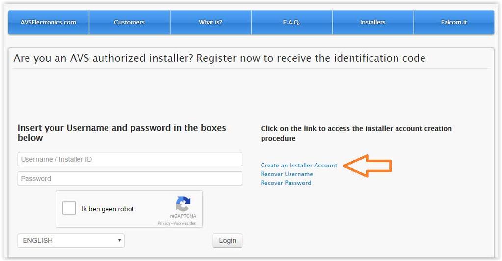 Klik vervolgens op Create an Installer account Vervolledig de verschillende velden, accepteer de overeenkomst, valideer de Captcha en klik op Send Request.